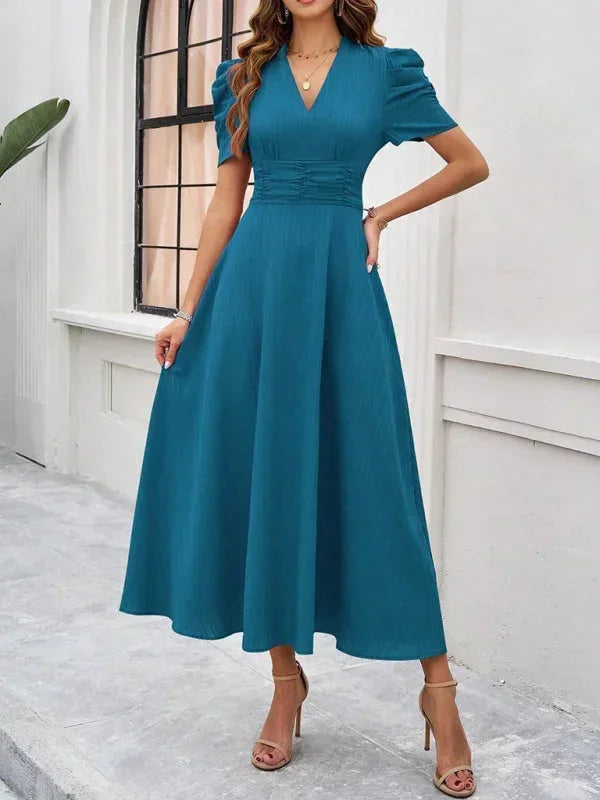 Elegantní midi šaty s výstřihem do V a nabíranými rukávy pro ženy