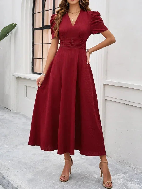 Elegantní midi šaty s výstřihem do V a nabíranými rukávy pro ženy