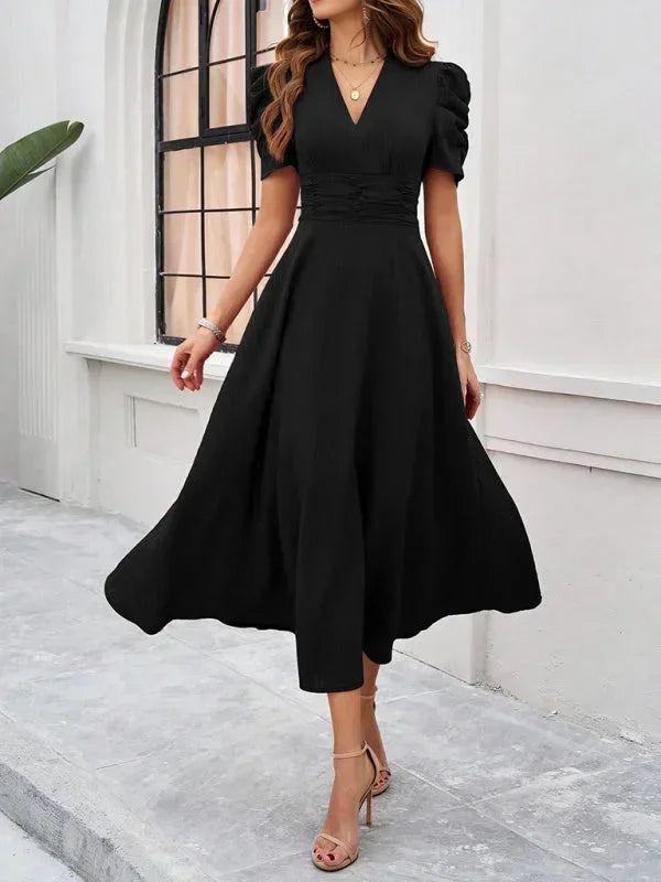 Elegantní midi šaty s výstřihem do V a nabíranými rukávy pro ženy