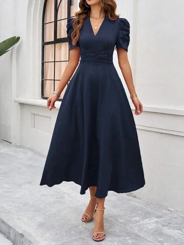 Elegantní midi šaty s výstřihem do V a nabíranými rukávy pro ženy