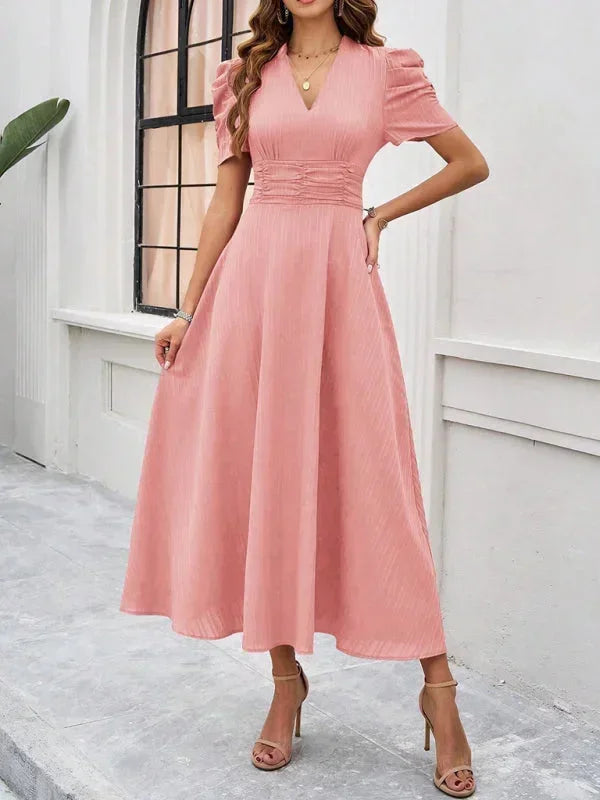 Elegantní midi šaty s výstřihem do V a nabíranými rukávy pro ženy