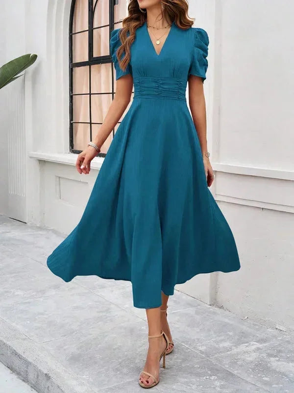 Elegantní midi šaty s výstřihem do V a nabíranými rukávy pro ženy