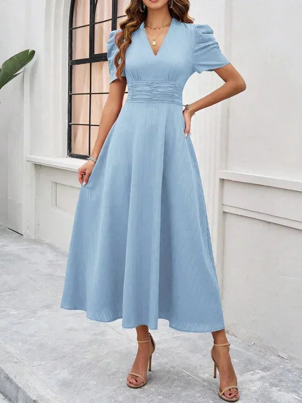 Elegantní midi šaty s výstřihem do V a nabíranými rukávy pro ženy