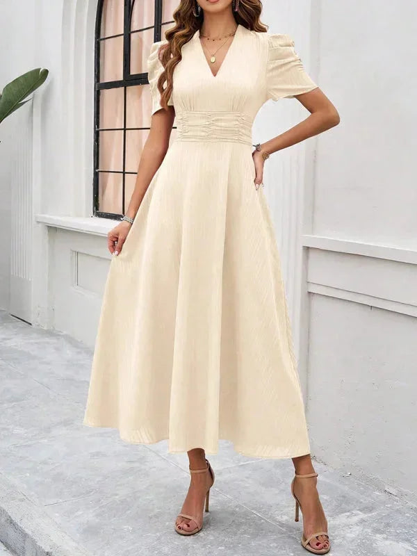Elegantní midi šaty s výstřihem do V a nabíranými rukávy pro ženy