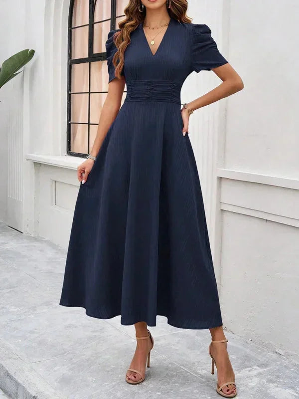 Elegantní midi šaty s výstřihem do V a nabíranými rukávy pro ženy