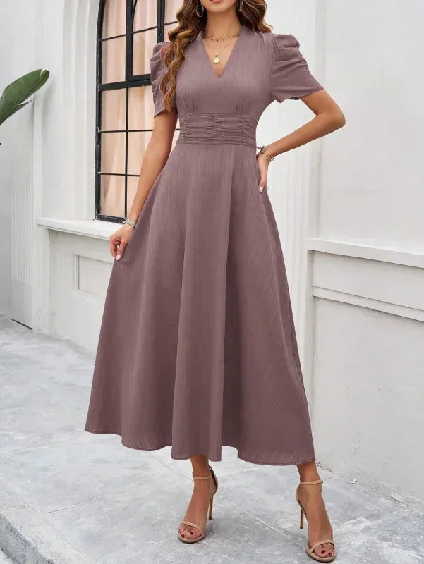 Elegantní midi šaty s výstřihem do V a nabíranými rukávy pro ženy