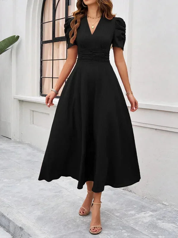 Elegantní midi šaty s výstřihem do V a nabíranými rukávy pro ženy