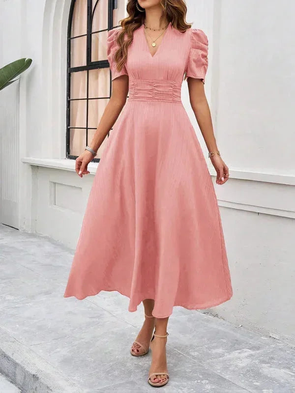 Elegantní midi šaty s výstřihem do V a nabíranými rukávy pro ženy