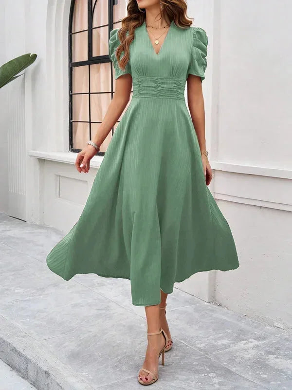 Elegantní midi šaty s výstřihem do V a nabíranými rukávy pro ženy