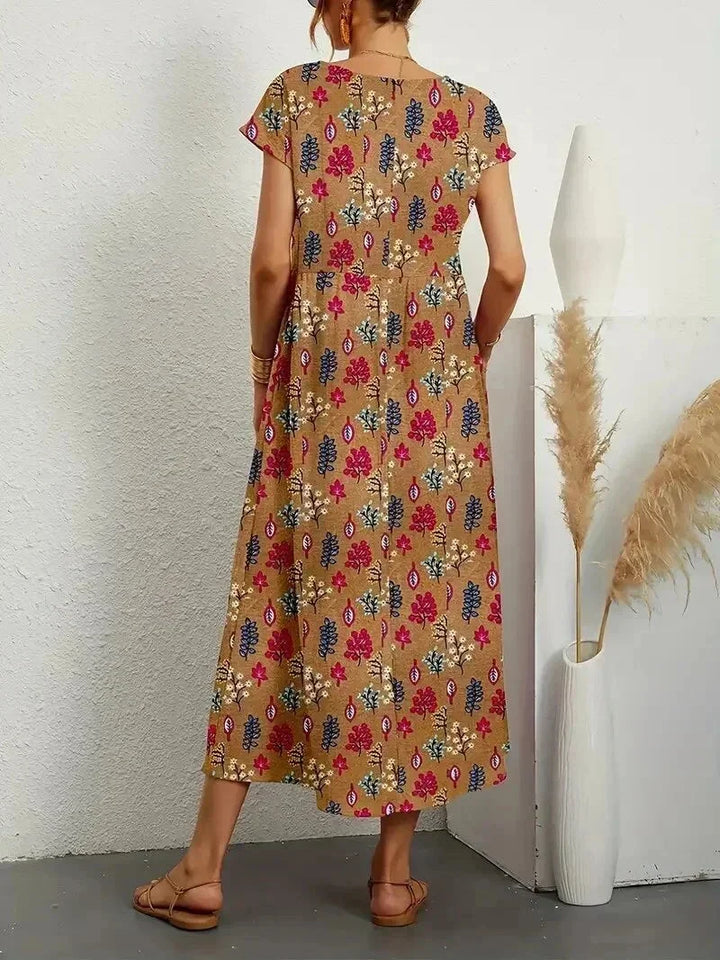 Dámské midi šaty s potiskem v boho stylu s krátkými rukávy