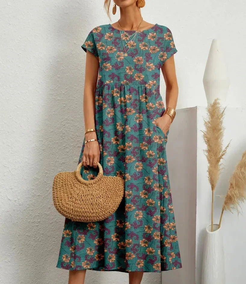 Dámské midi šaty s potiskem v boho stylu s krátkými rukávy