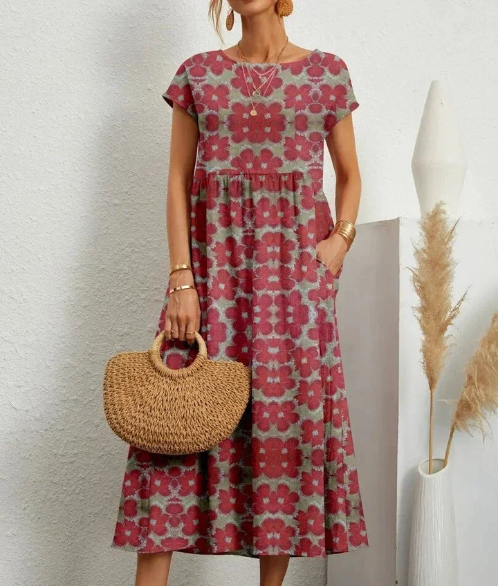 Dámské midi šaty s potiskem v boho stylu s krátkými rukávy