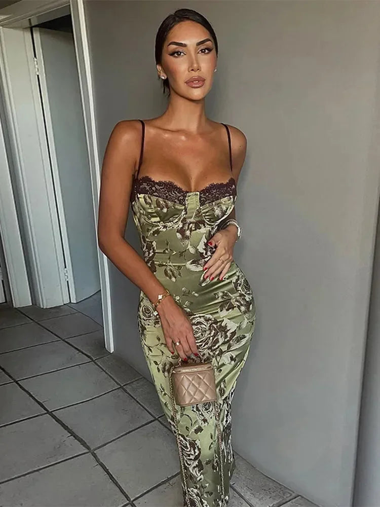 Abito Midi Floreale in Raso con Corsetto per Serata