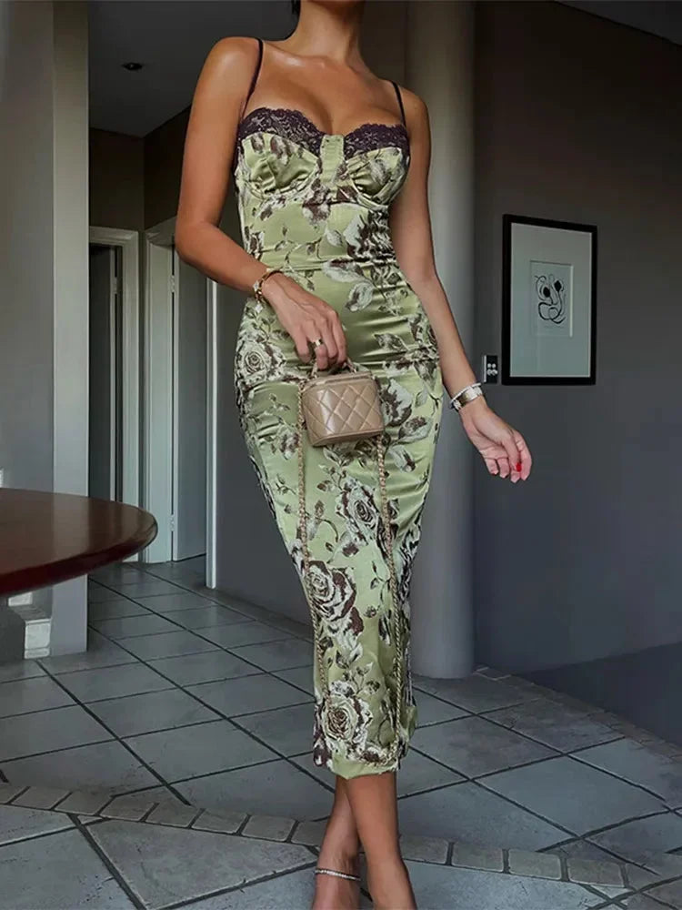 Vestito Midi in Raso Floreale con Corsetto da Donna