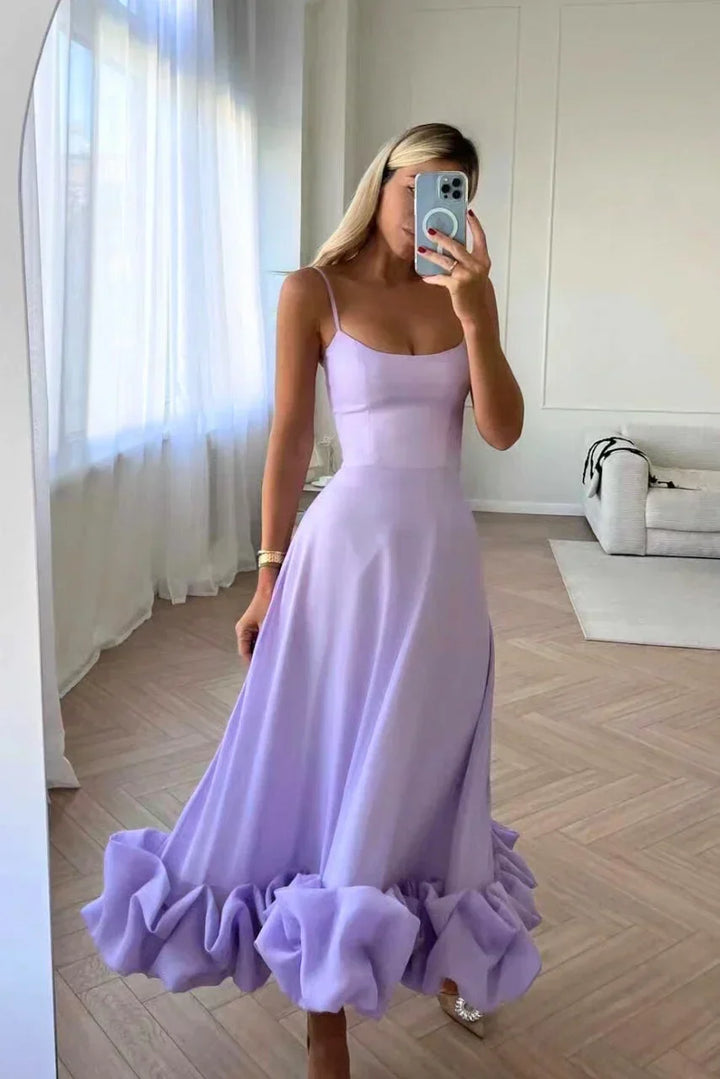 Robe Midi Élégante Femme à Bretelles Fines avec Ourlet Volanté