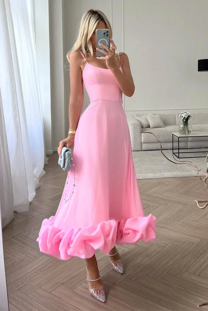 Robe Midi Élégante Femme à Bretelles Fines avec Ourlet Volanté