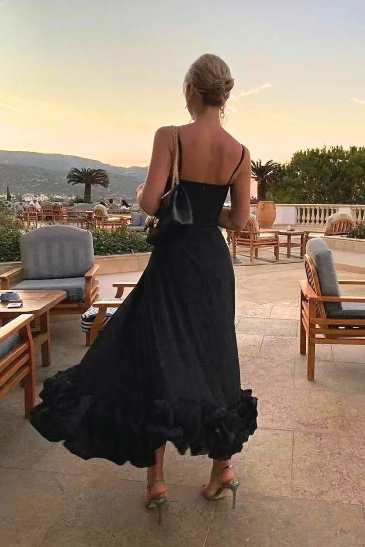 Robe Midi Élégante Femme à Bretelles Fines avec Ourlet Volanté