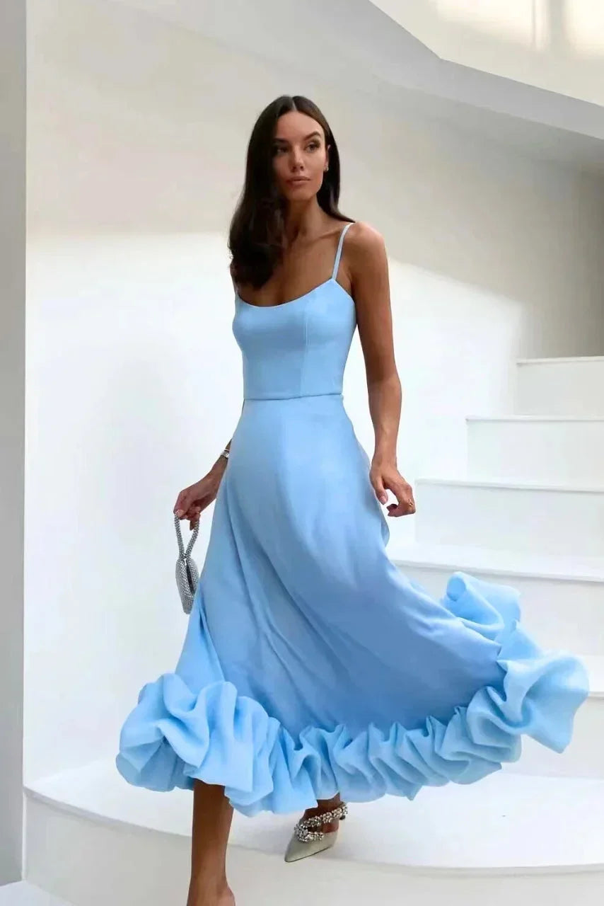 Robe Midi Élégante Femme à Bretelles Fines avec Ourlet Volanté
