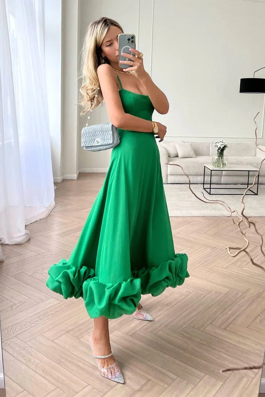 Robe Midi Élégante Femme à Bretelles Fines avec Ourlet Volanté