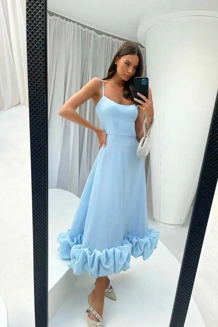 Robe Midi Élégante Femme à Bretelles Fines avec Ourlet Volanté