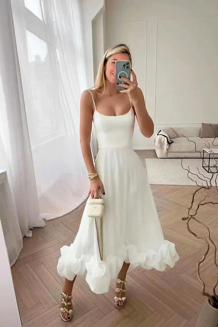 Robe Midi Élégante Femme à Bretelles Fines avec Ourlet Volanté