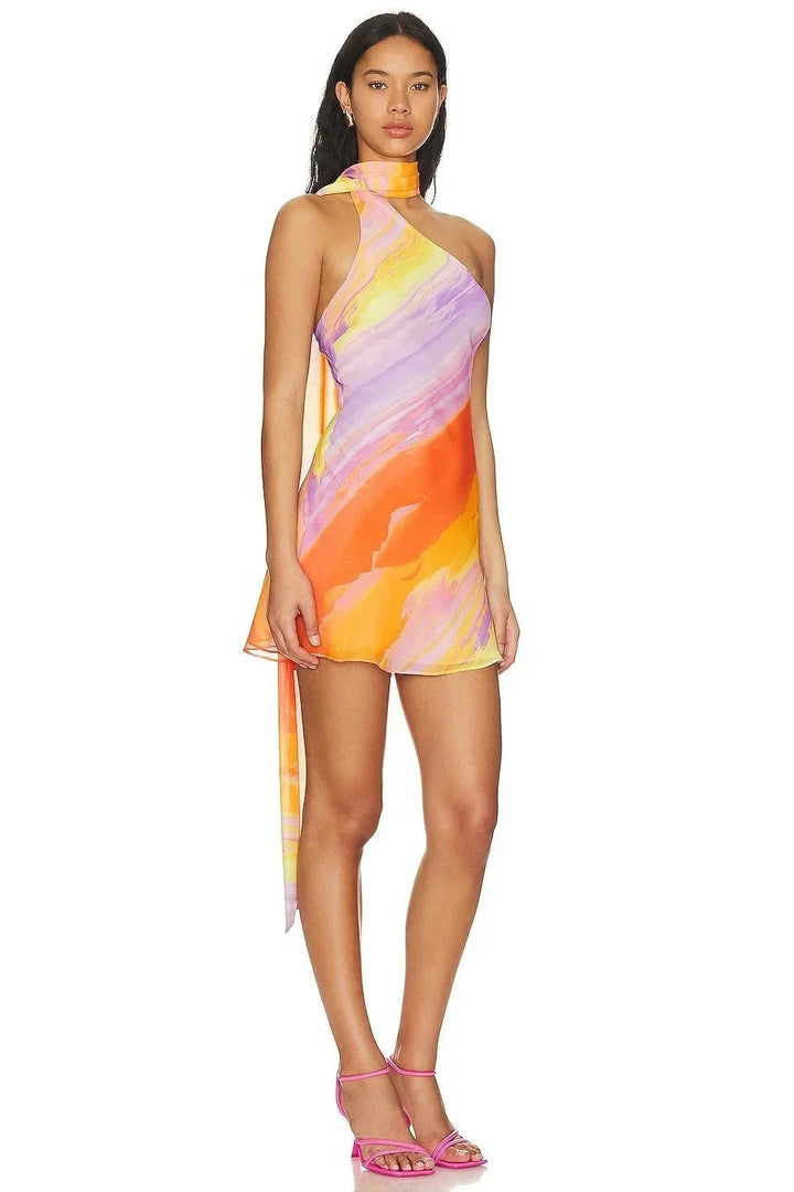 Robe Courte Femme Dégradé Orange à Col Licou et Ourlet Asymétrique