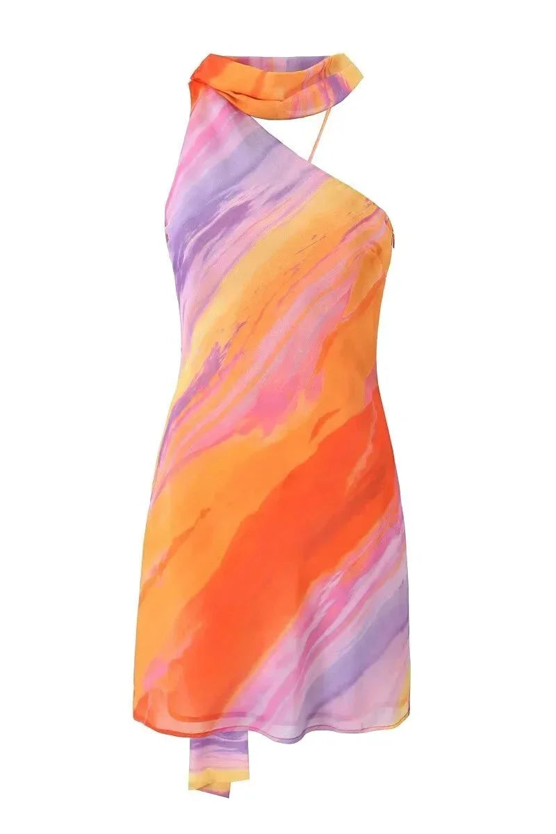 Robe Courte Femme Dégradé Orange à Col Licou et Ourlet Asymétrique