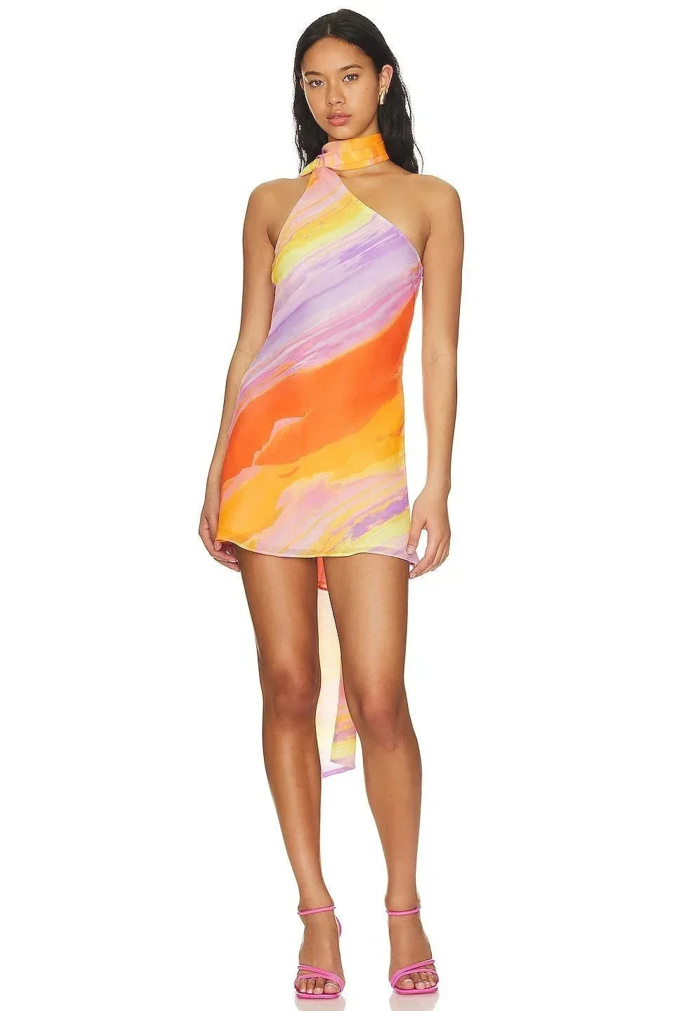 Robe Courte Femme Dégradé Orange à Col Licou et Ourlet Asymétrique