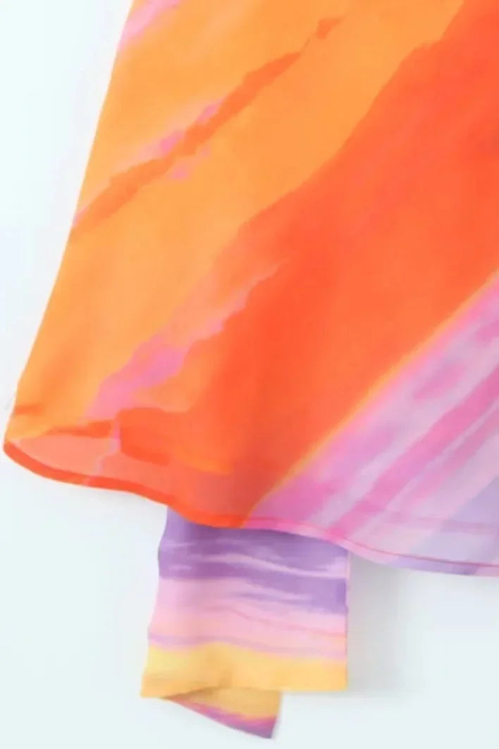 Robe Courte Femme Dégradé Orange à Col Licou et Ourlet Asymétrique