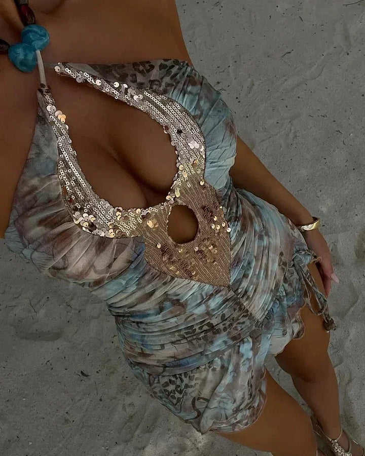 Robe Mini Dos Nu Imprimée pour Femme d'Été à Col Halter et Volants