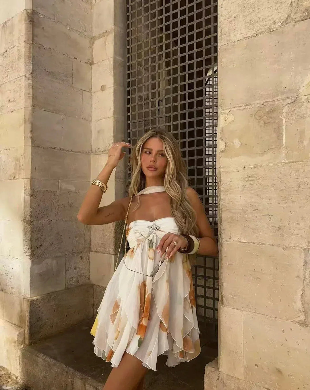 Mini abito donna con stampa floreale arancione