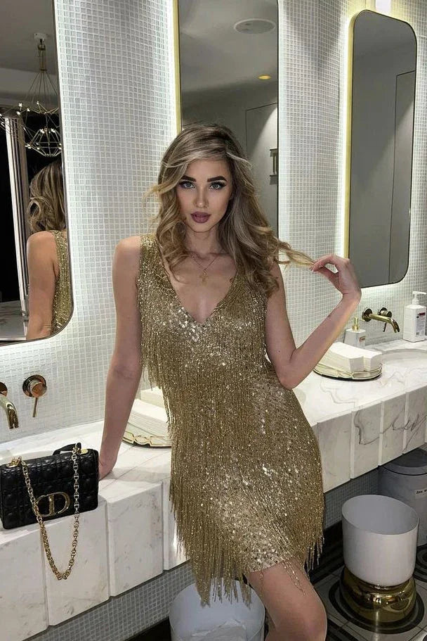 Robe Courte Femme à Paillettes Scintillantes avec Franges Fluides