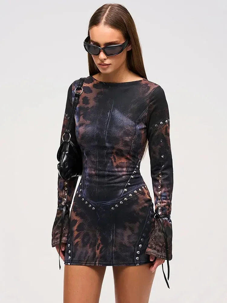 Women's Mini Dress Tie-Dye Print Fitted Long Sleeves Glam Style