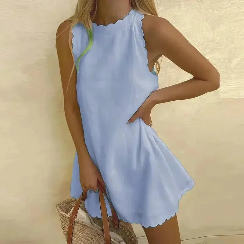 Robe Courte Femme Sans Manches avec Découpe Festonnée