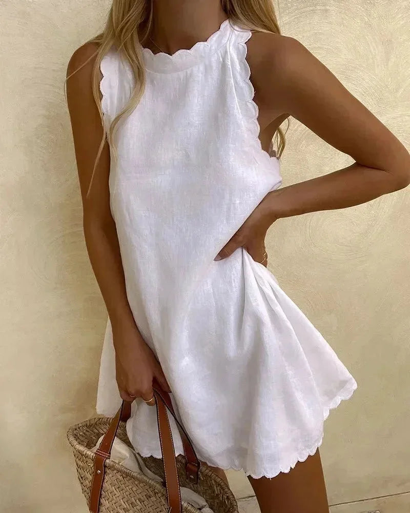 Robe Courte Femme Sans Manches avec Découpe Festonnée