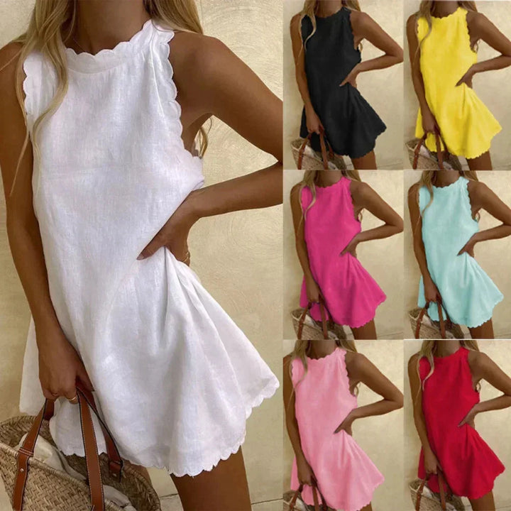 Robe Courte Femme Sans Manches avec Découpe Festonnée