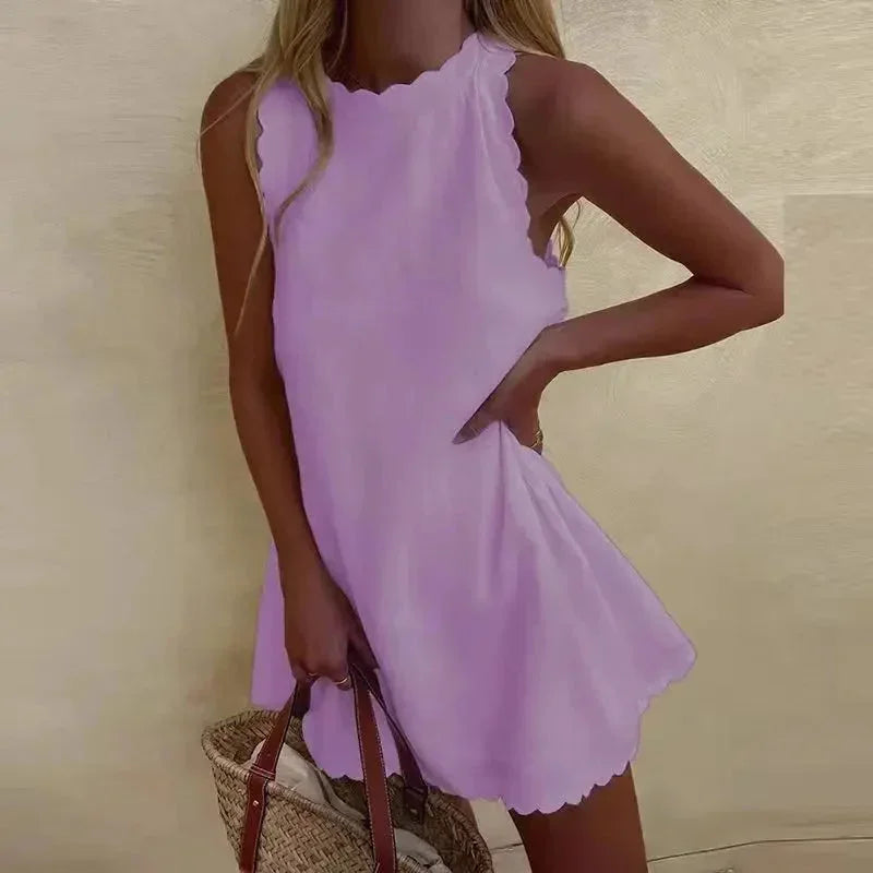 Robe Courte Femme Sans Manches avec Découpe Festonnée
