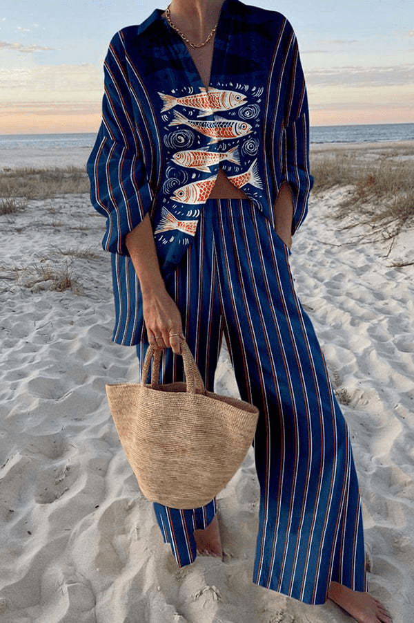 Ensemble Femme 2 Pièces Rayé avec Motif Poissons