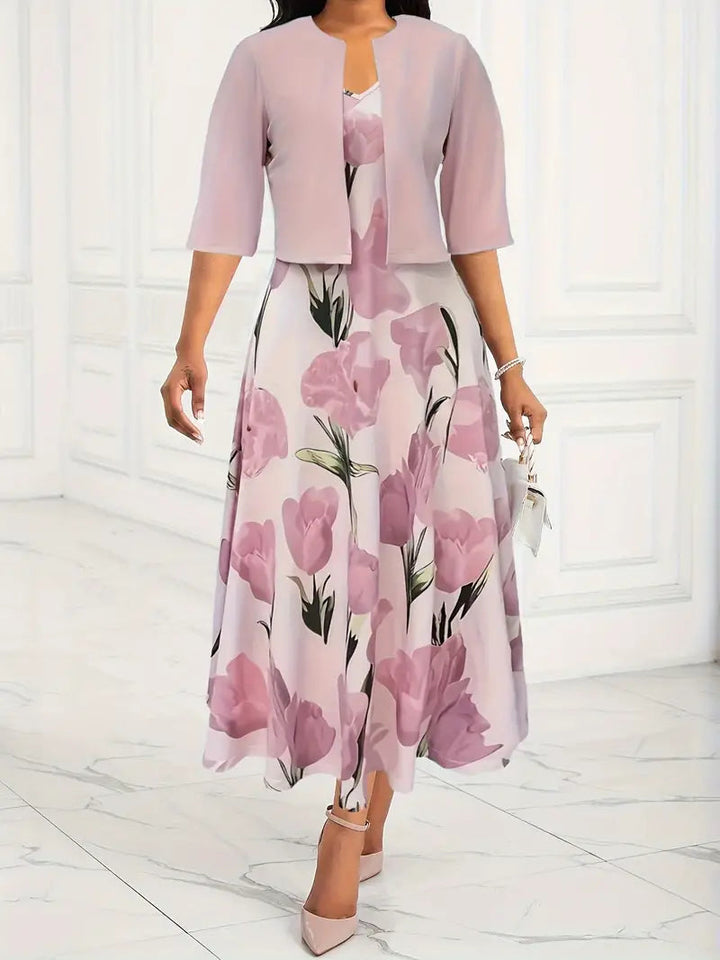 Abito midi rosa da donna con blazer coordinato