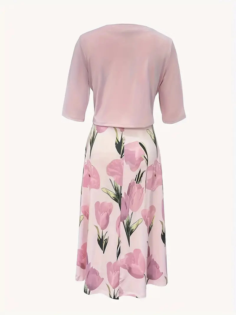 Abito midi rosa da donna con blazer coordinato