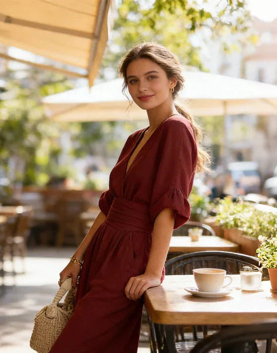 Dámský overal s výrazně tvarovaným pasem, splývavý a elegantní střih