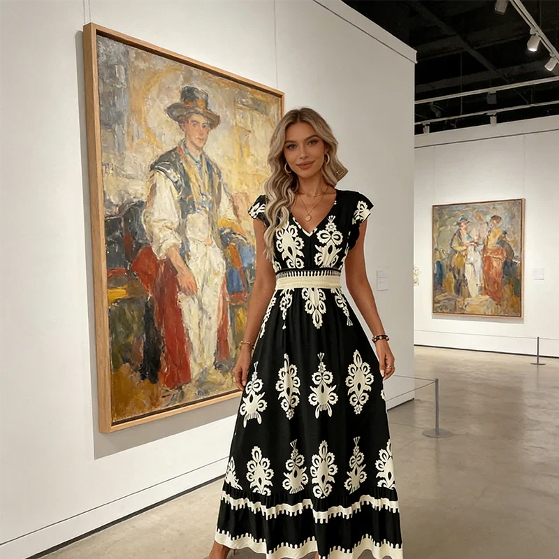 Robe Maxi Bohème pour Femmes à Motifs Brodés et Taille Cintrée