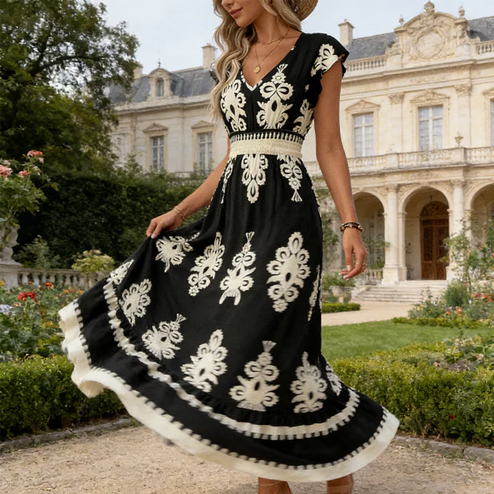 Robe Maxi Bohème pour Femmes à Motifs Brodés et Taille Cintrée