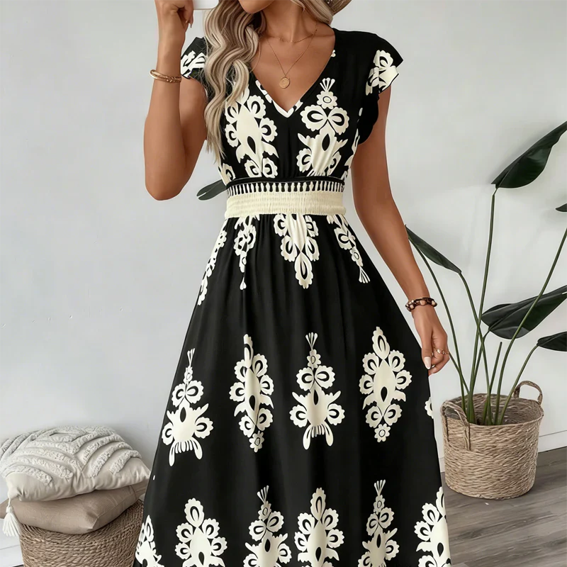 Robe Maxi Bohème pour Femmes à Motifs Brodés et Taille Cintrée