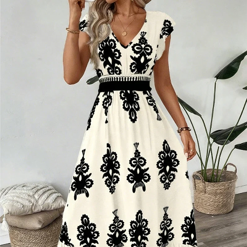 Robe Maxi Bohème pour Femmes à Motifs Brodés et Taille Cintrée