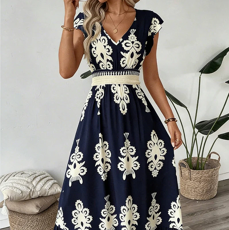 Robe Maxi Bohème pour Femmes à Motifs Brodés et Taille Cintrée