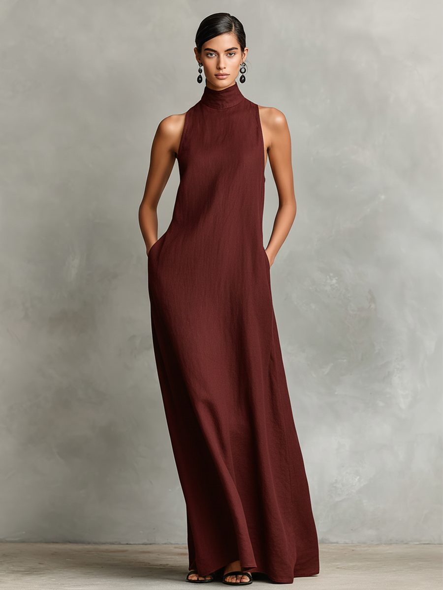Elegant Long Sleeveless Women's Dress with a High Neck