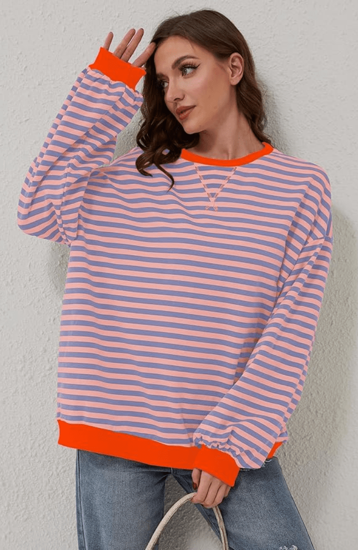 Pull Rayé Femme Oversize Décontracté à Manches Longues
