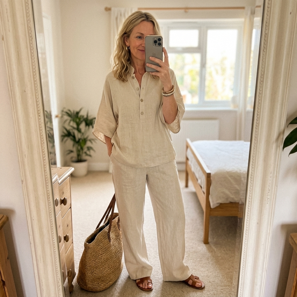 Conjunto de mujer con blusa de cuello mandarín y pantalón ancho
