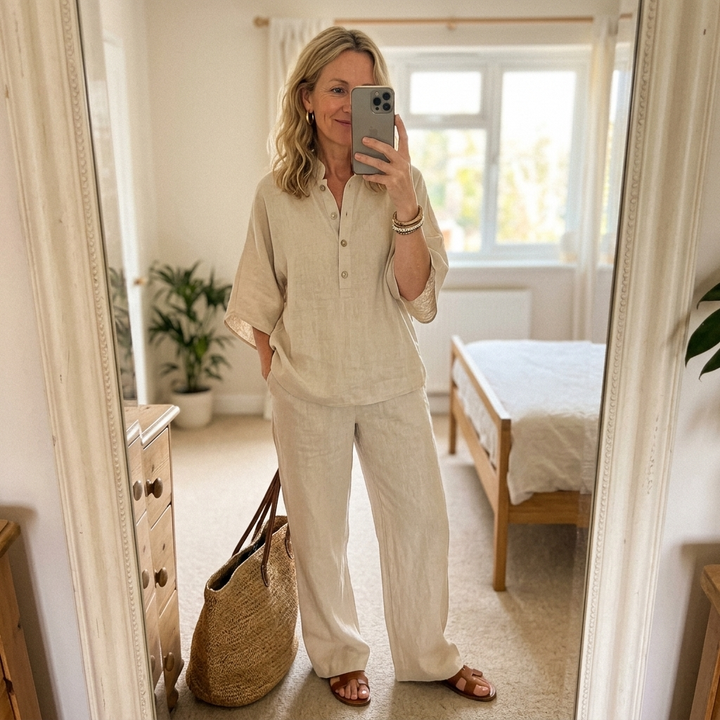 Conjunto de mujer con blusa de cuello mandarín y pantalón ancho
